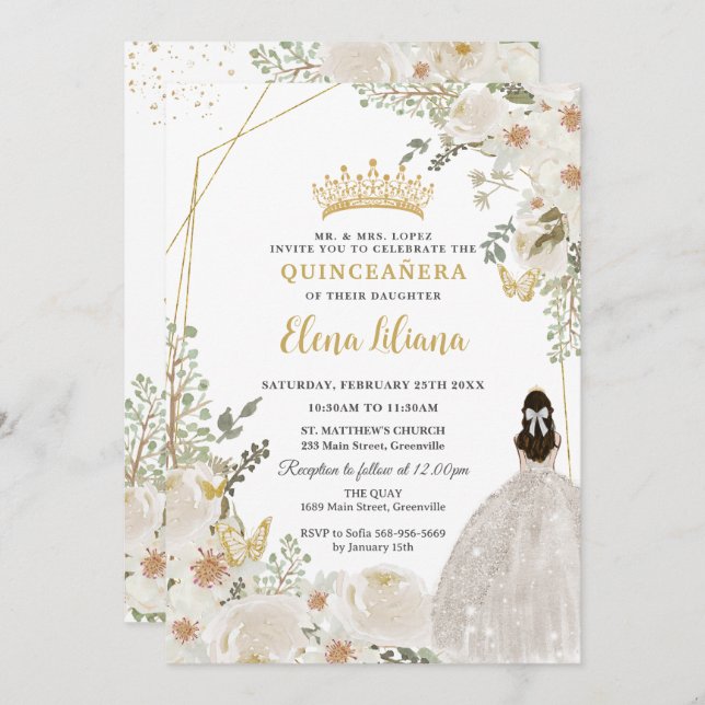 Invitation White Ivory Floral Princess Gold Quinceanera 15 XV (Devant / Derrière)