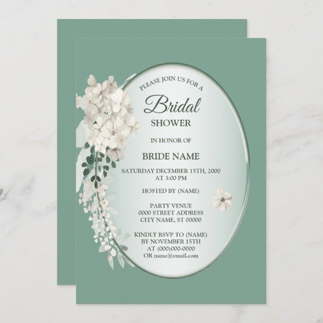 Invitation White Jasmine Floral Green Geometric Bridal Shower (Devant / Derrière)