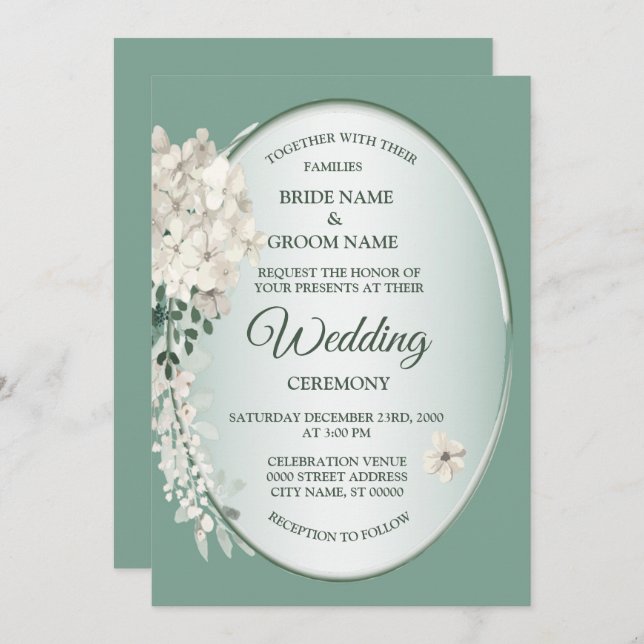Invitation White Jasmine Floral Green Geometric Wedding (Devant / Derrière)