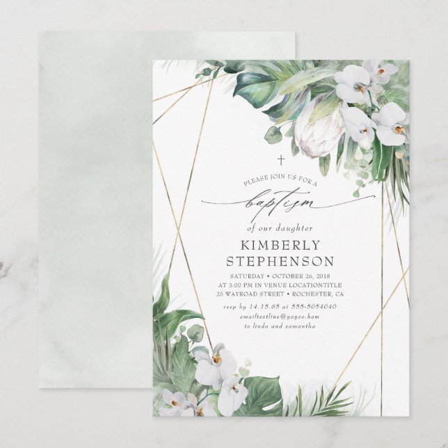 Invitation White King Protea and Orchids Tropical Baptism (Devant / Derrière)