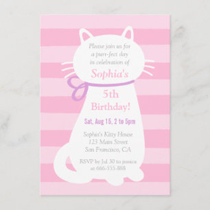 Invitation White Kitty Chat Pink Stripes Filles Anniversaire