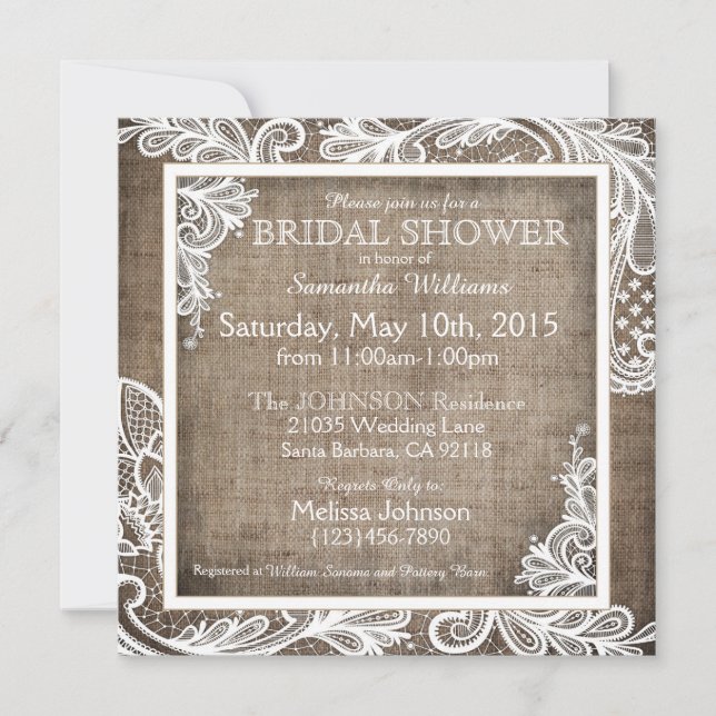 Invitation White Lace Burlap Moderne Goth Fête des mariées (Devant)