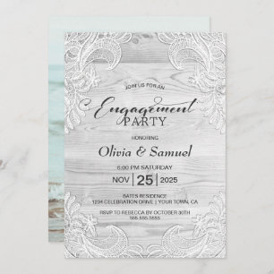 Invitation White Lace Photo personnalisée Wood Engagement