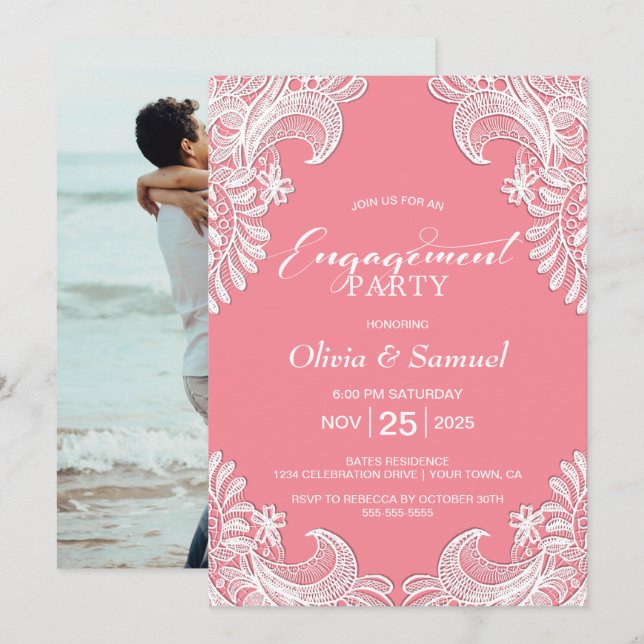 Invitation White Lace Pink Personnalisé Photo Engagement (Devant / Derrière)