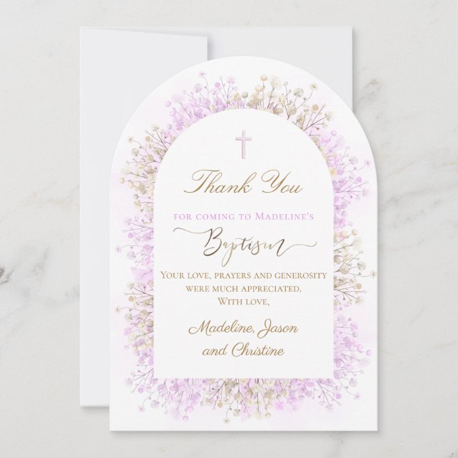 Invitation white lilac flowers Baptism thank you card (Devant)