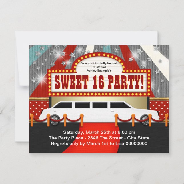Invitation White Limo Movie Star Sweet 16 Party (Devant)