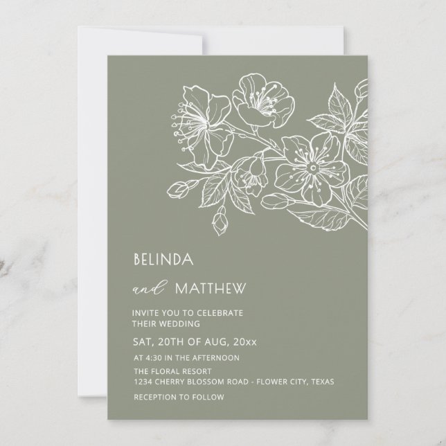 Invitation White Line Art Flowers Sage Green Casual Wedding (Devant)