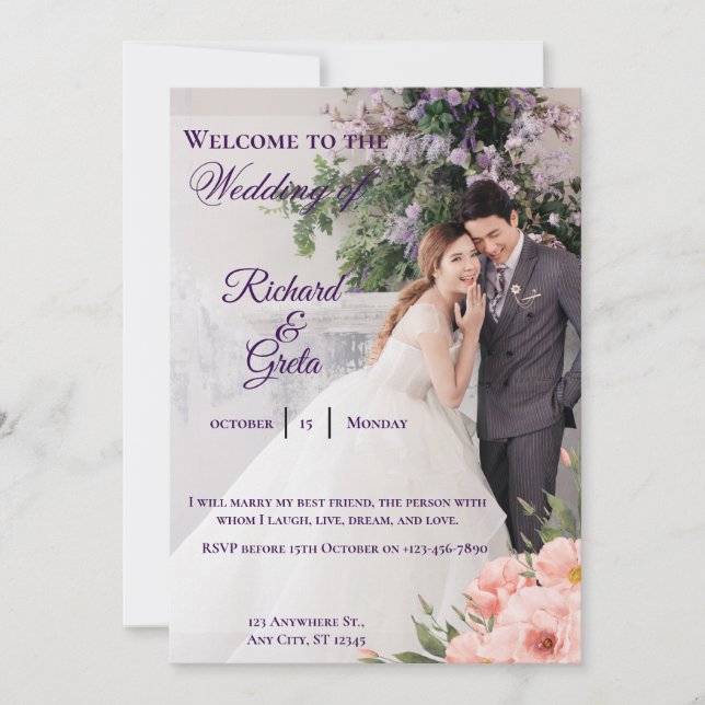 Invitation White Minimalist watercolor photo flowers wedding (Devant)