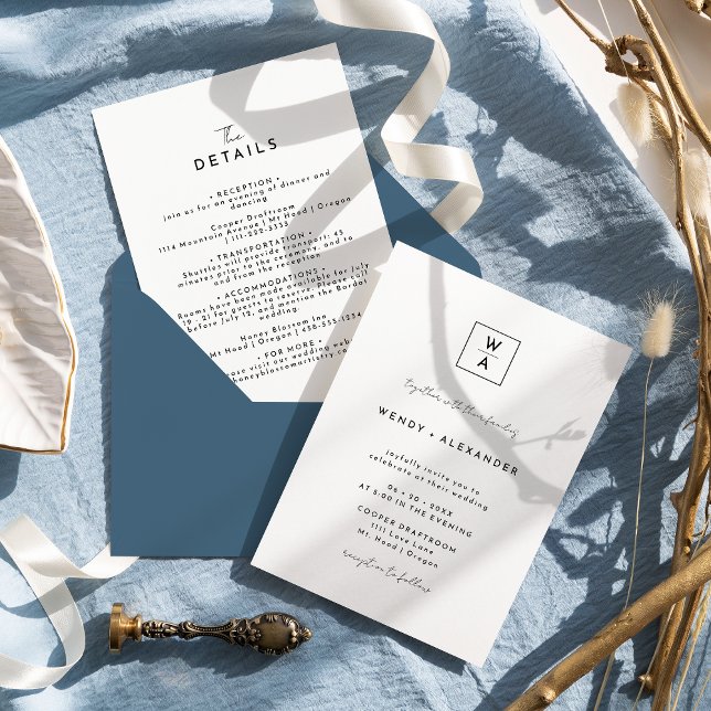 Invitation White Modern Script Monogram Crest Détails du Mari (Créateur téléchargé)