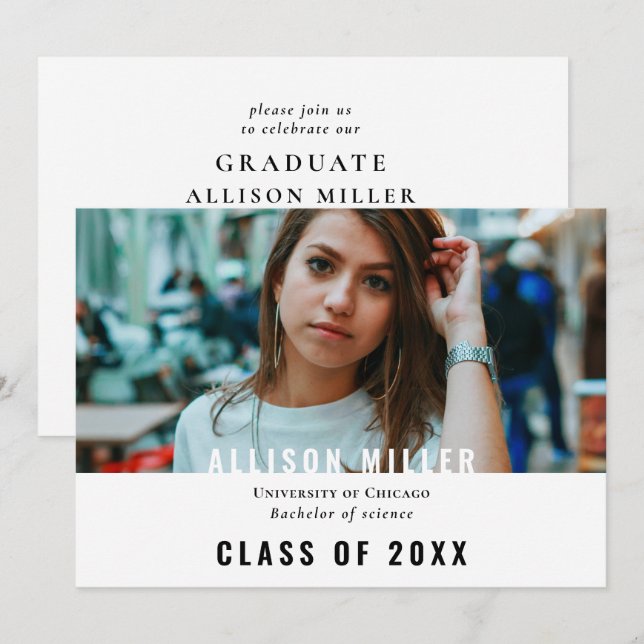 Invitation White Modern Typographie Photo Graduation Party (Devant / Derrière)