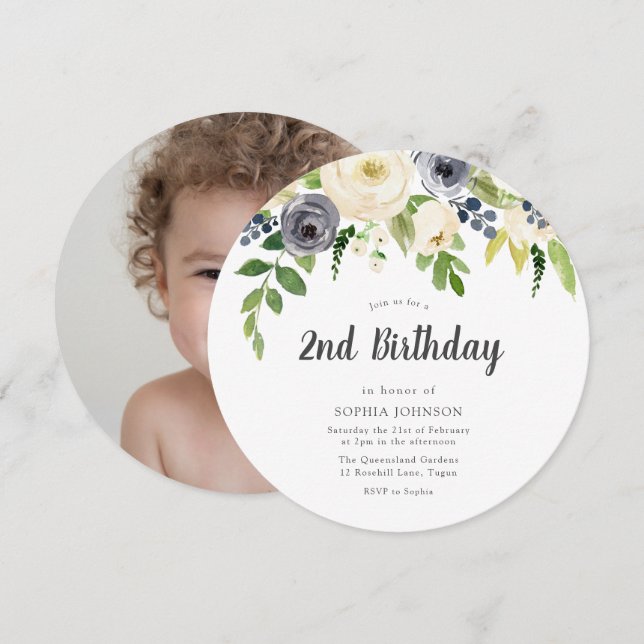 Invitation White Navy Floral Girl Boy Photo 2e anniversaire (Devant / Derrière)
