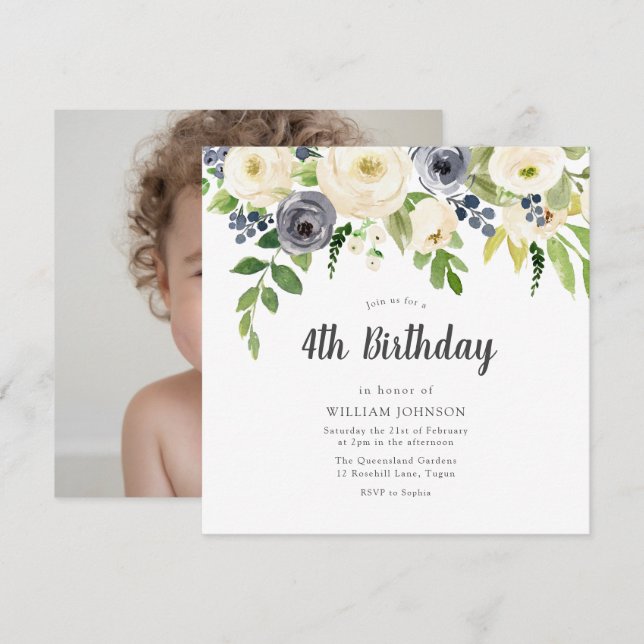 Invitation White Navy Floral Girl Boy Photo 4anniversaire (Devant / Derrière)