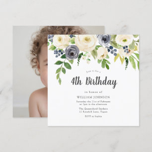 Invitation White Navy Floral Girl Boy Photo 4anniversaire