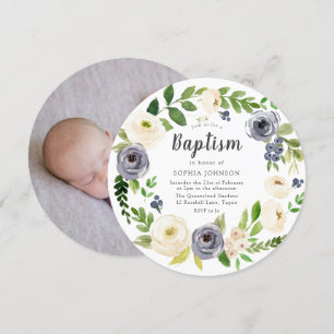Invitation White Navy Floral Wreath Baby Photo Baptême