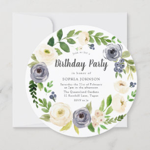 Invitation White Navy Floral Wreath Toutes les années Anniver