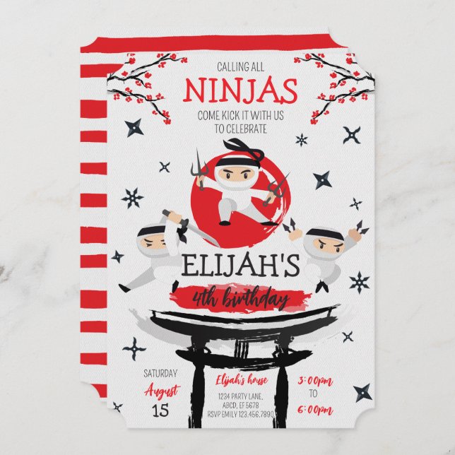 Invitation White Ninja Guerrier Arts Martiaux Anniversaire (Devant / Derrière)