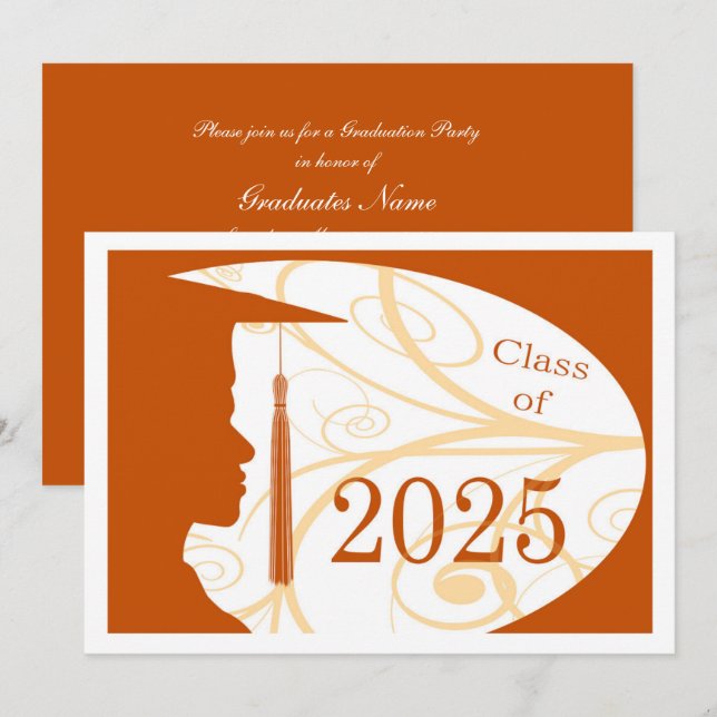 Invitation White, Orange Man Silhouette 2025 Graduation Party (Devant / Derrière)