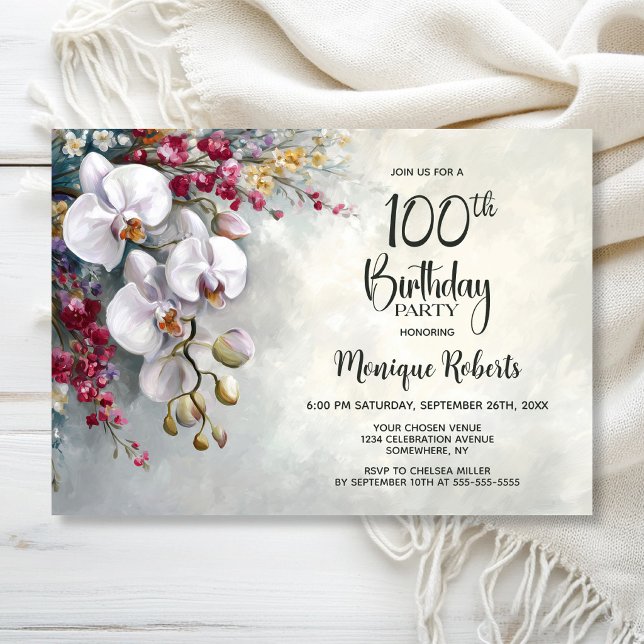 Invitation White Orchid Floral 100th Birthday Party (Créateur téléchargé)