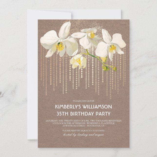 Invitation White Orchid Gold Parties scintillant Vintage fête (Devant)