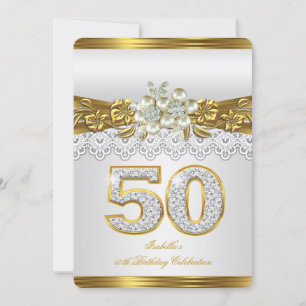 Invitation White Pearl Gold Lace Floral 50e fête d'anniversai
