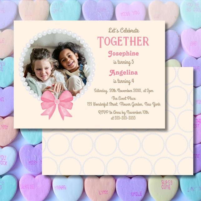 Invitation White Pearl Pink Bow Photo Girl Anniversaire conjo (Créateur téléchargé)