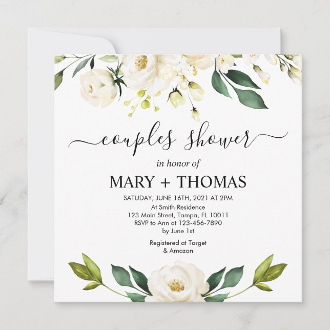 Invitation White Peonies Foliage Couples Douche (Devant)