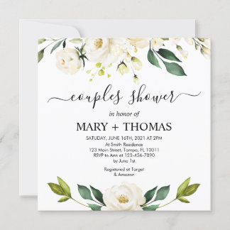 Invitation White Peonies Foliage Couples Douche