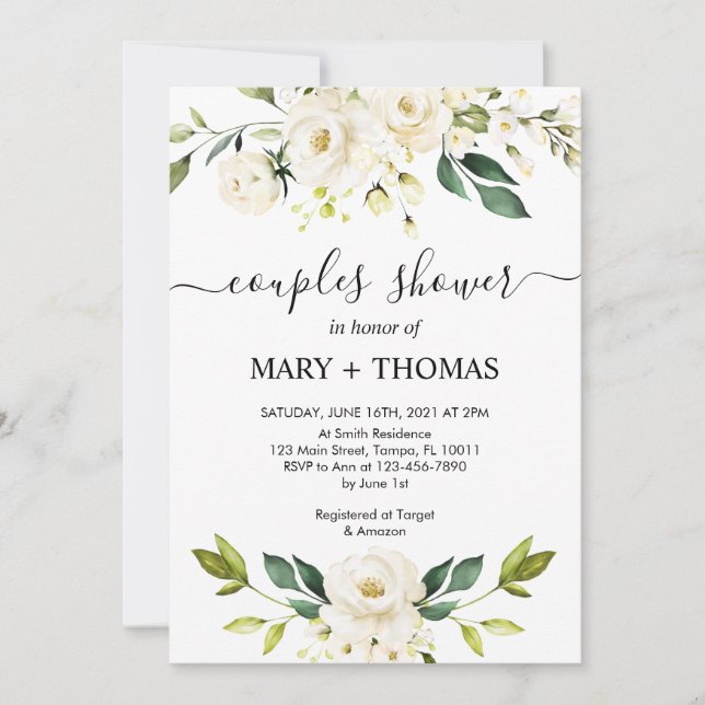Invitation White Peonies Foliage Couples Douche (Devant)