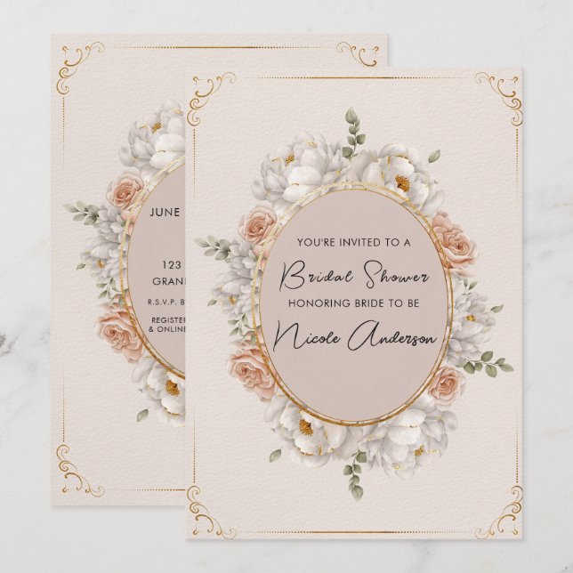 Invitation White Peony & Blush Rose Floral Bridal (Devant / Derrière)