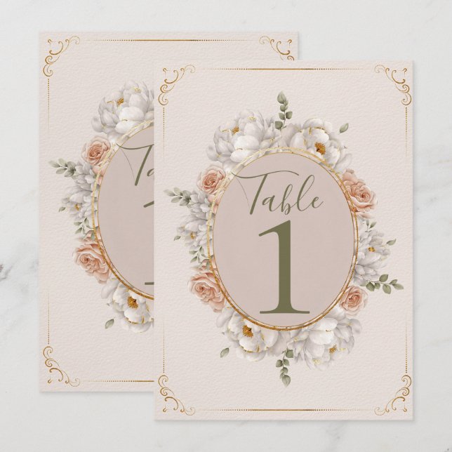 Invitation White Peony & Blush Rose Floral Table Numbers (Devant / Derrière)