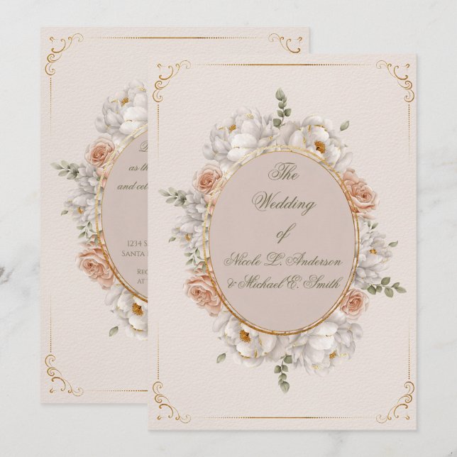 Invitation White Peony & Blush Rose Floral Wedding  (Devant / Derrière)