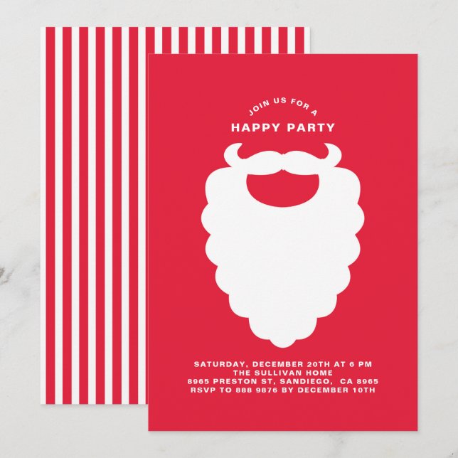Invitation White Père Noël Beard Modern Holiday Party Invitat (Devant / Derrière)