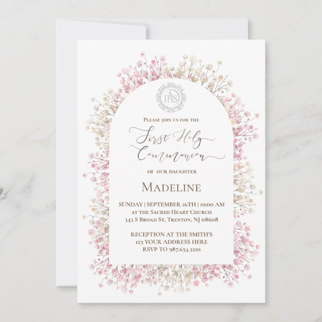 Invitation white pink flowers First Holy Communion (Devant)
