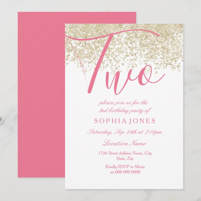 Invitation White Pink Gold Parties scintillant 2e anniversair (Devant / Derrière)