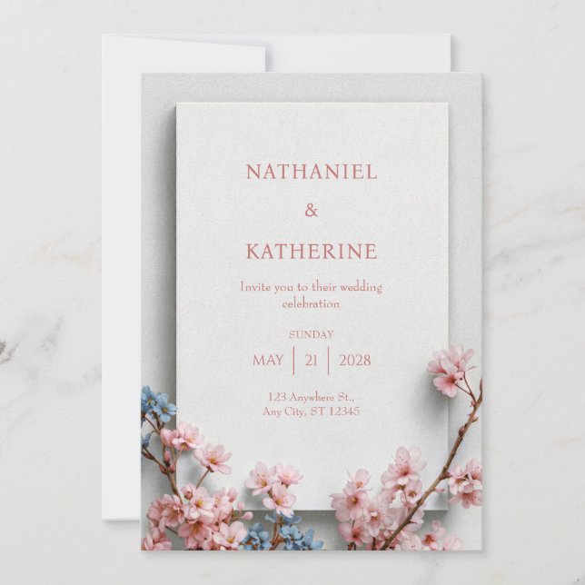 Invitation White Plaster Minimalist Sakura Frame Wedding (Devant)