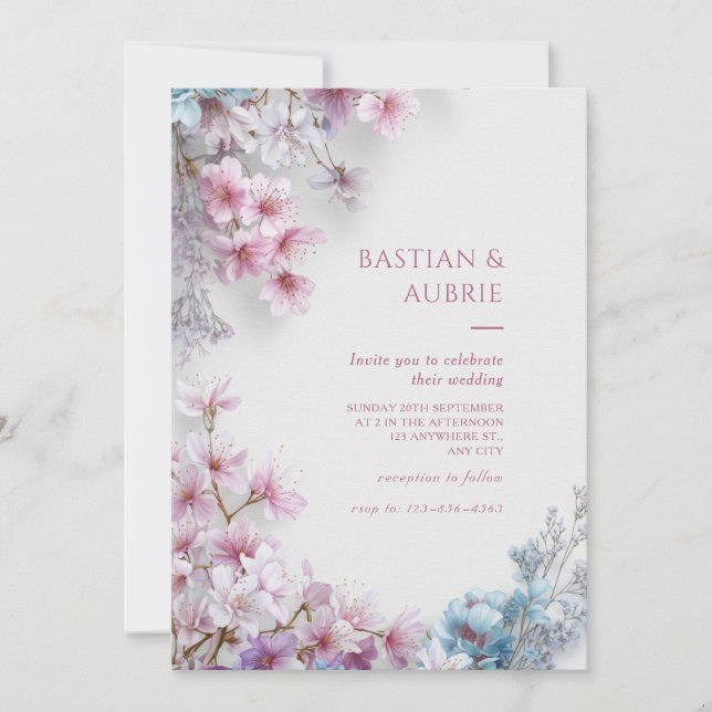 Invitation White Plaster Pink Sakura Botanical Border Wedding (Devant)