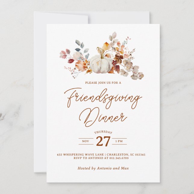 Invitation White Pumpkin Fall Leaves Friendsgiving Dinner (Devant)