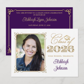 Invitation White, Purple, Gold 2026 Photo Graduation Invite