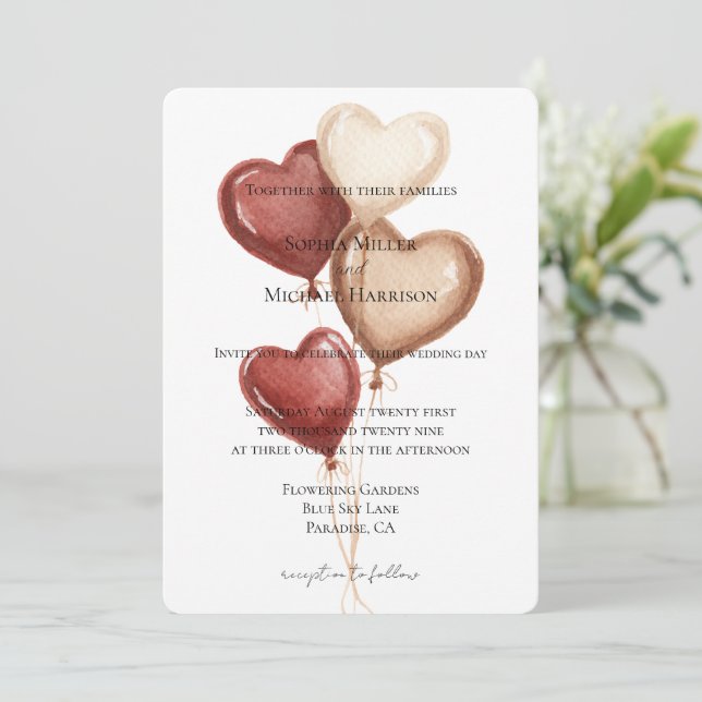 Invitation White Red Cream Heart Balloons Wedding (Debout devant)