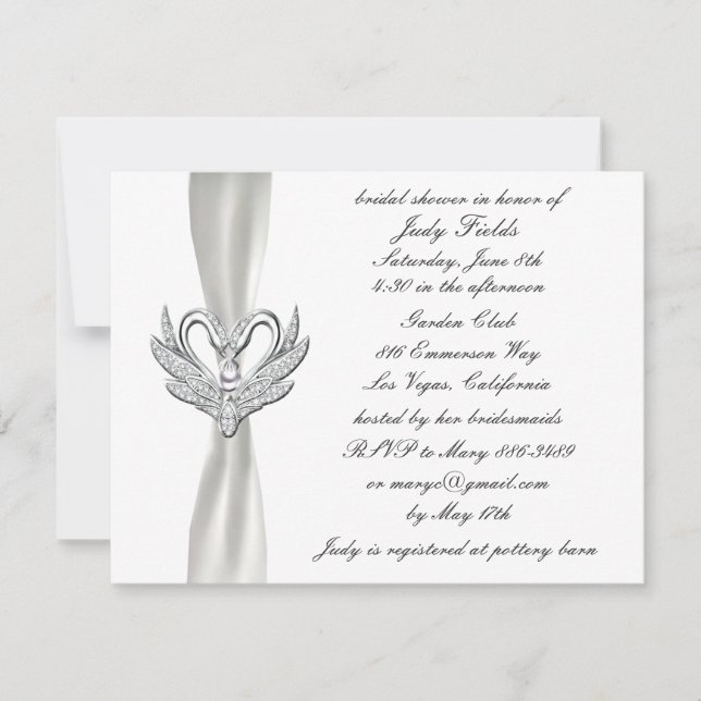 Invitation White Ribbon Silver Swans nuptiale douche Invitati (Devant)