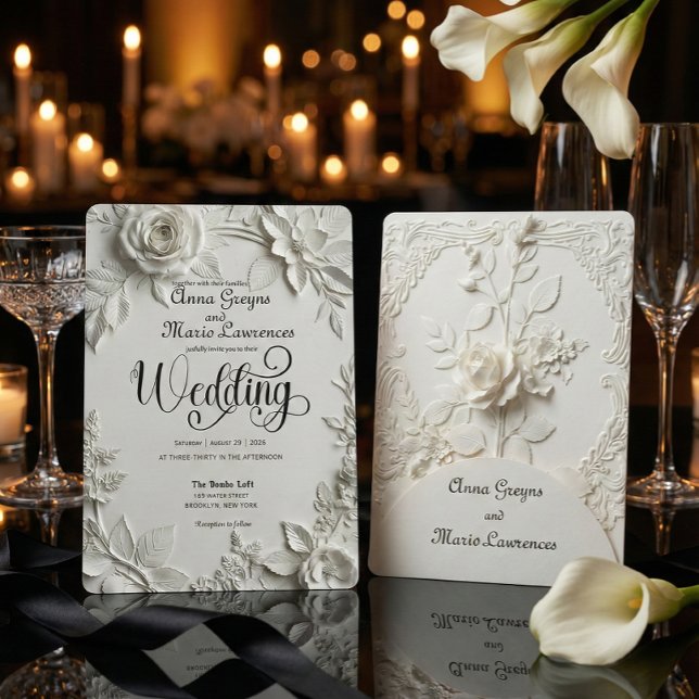 Invitation White Rose Bas Relief Faux Embossed Wedding  (Créateur téléchargé)