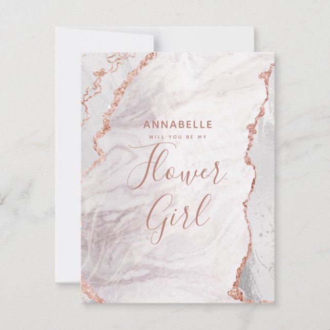 Invitation White & Rose Gold Agate Serez-Vous Ma Fille Fleur (Devant)