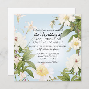 Invitation White Rose Peony Vintage Sky Blue Floral Mariage