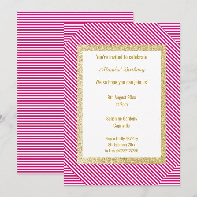 Invitation White Rose Stripe Or Modern Toute Occassion (Devant / Derrière)