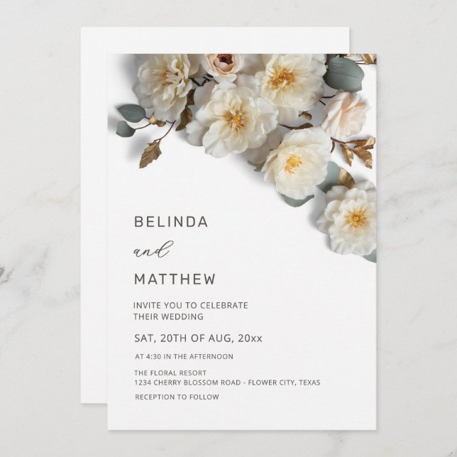 Invitation White Roses 3D Flowers Elegant White Wedding (Devant / Derrière)