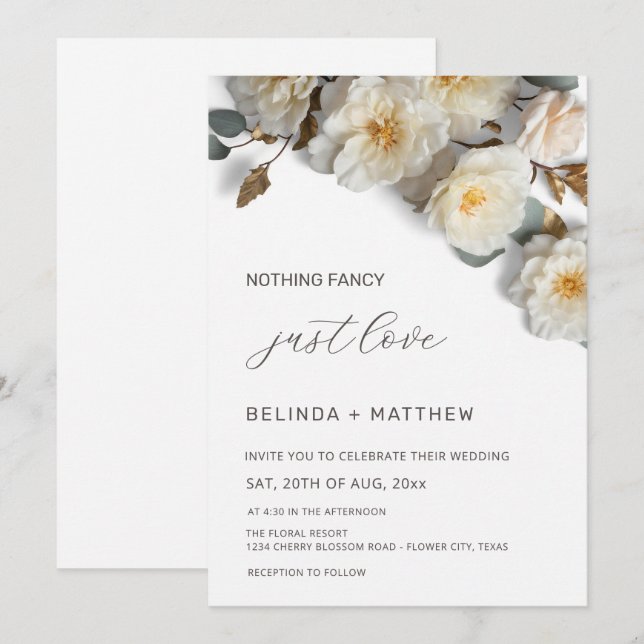 Invitation White Roses 3D Flowers Elegant White Wedding (Devant / Derrière)