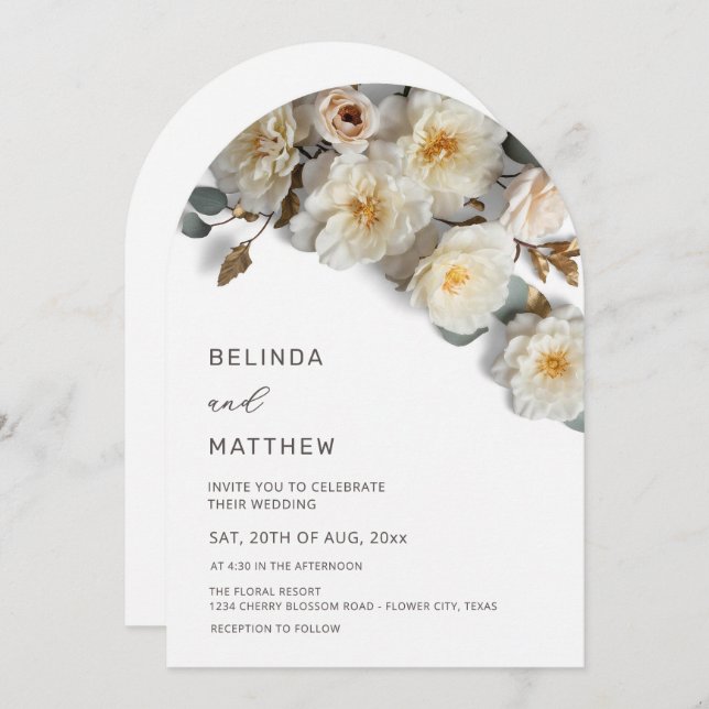 Invitation White Roses 3D Flowers Modern Arch Wedding (Devant / Derrière)