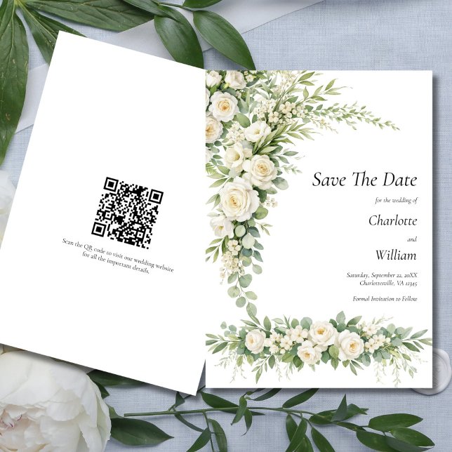 Invitation White Roses Cream Wedding Save The Date QR Code (White Roses Cream Florals Watercolor Elegant Wedding Save the date card)