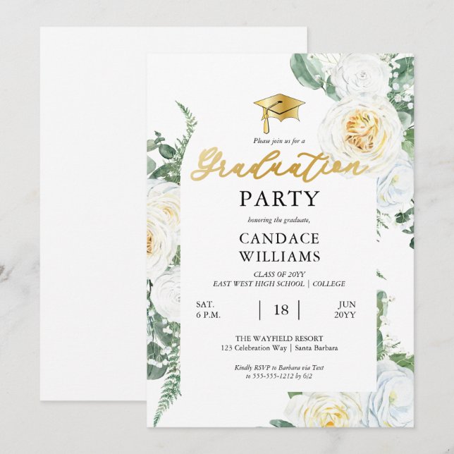 Invitation White Roses Floral Frame Party (Devant / Derrière)