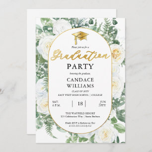 Invitation White Roses Floral Gold Frame Party